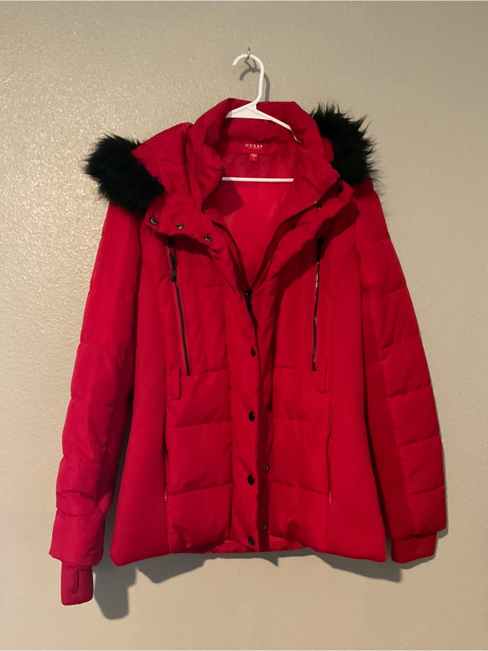 Guess Red Puffer Coat with Black Faux Fur Hood